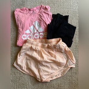 Girls adidas Pink Logo Tee, Nike Peach Shorts and offline by AerieBlack Leggings